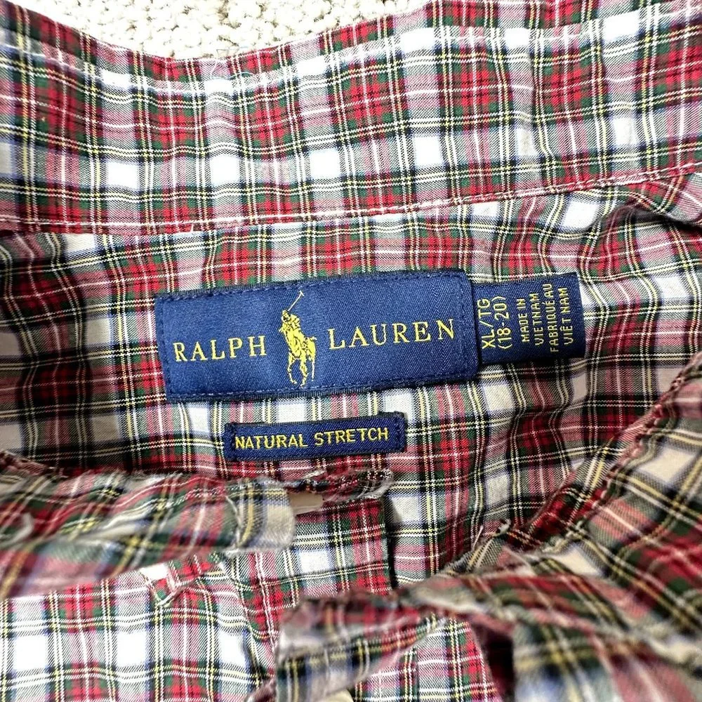 Ralph‎ Lauren Boy's Long Sleeve Button Front Shirt Classic Plaid Pattern Size XL